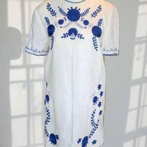 Zara, linen embroidered sun dress, sz M, white and indigo, mexican/boho/prairie